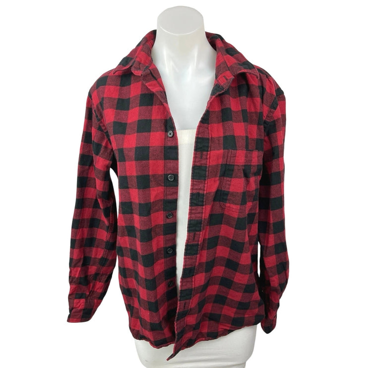 Uniqlo Red Black Flannel Plaid Checkered Button Down Long Sleeve Shirt Top Sz M