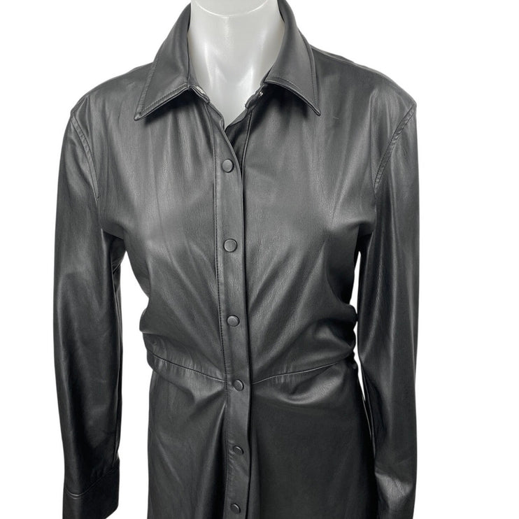 NEW Zara Black Faux Leather Long Sleeve Collared Button Down Midi Shirt Dress S
