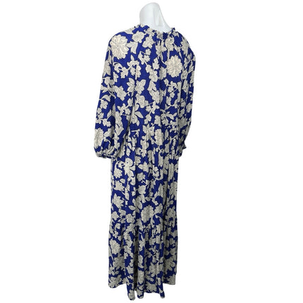 Zara Blue White Floral Plunge V-Neck 3/4 Balloon Sleeve Midi Maxi A-line Dress M