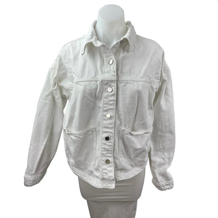 Zara Women's White Collared Long Sleeve Button Down Shirt Denim Coat Jacket M/L