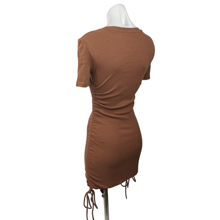 Zara Brown Ribbed Knit Short Sleeve Side Ruched Tie Mini Bodycon Dress Size S