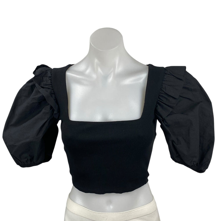 Zara Women's Black Puff Sleeve Square Neck Ribbed Knit Cropped Blouse Top Sz S