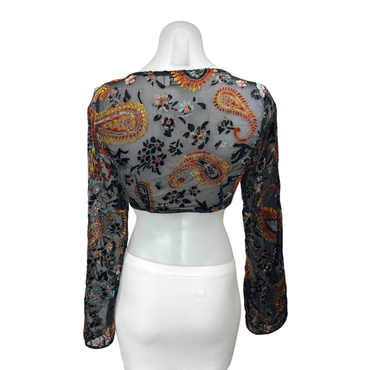 Tiger Mist Black Paisley Floral Sheer Velvet Velour Long Sleeve Crop Top Size S