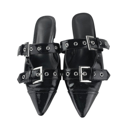 Shoe Dazzle Yasmeen Black Faux Patent Leather Buckle Strap Flats Mules Size 7.5