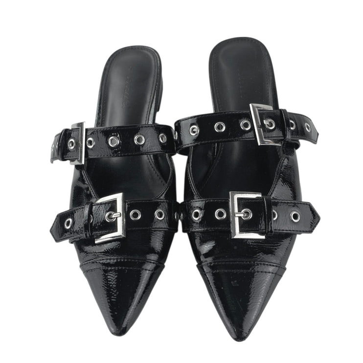 Shoe Dazzle Yasmeen Black Faux Patent Leather Buckle Strap Flats Mules Size 7.5