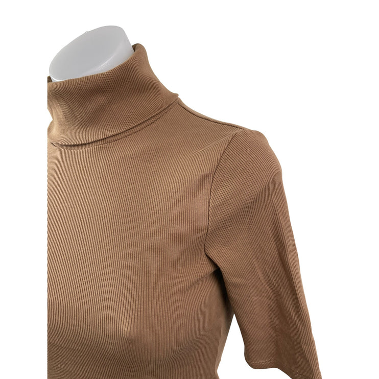 Zara Women's Brown Ribbed Turtle Neck Short Sleeve Slim Sweater T-shirt Top Sz S