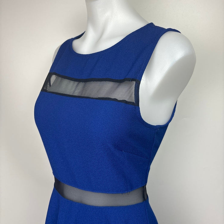 Lush Blue Sleeveless Mesh Cut Out Crew Neck A-Line Fit & Flare Mini Dress Size M