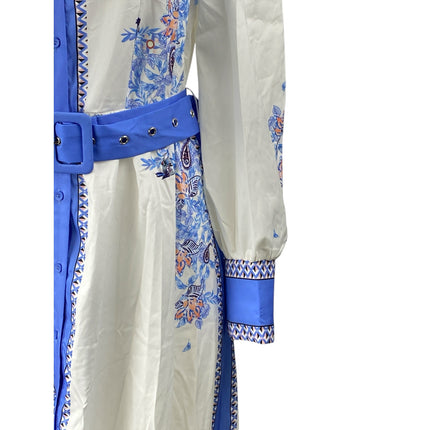 Women's White Blue Floral Long Sleeve Button Up Belted A Line Maxi Dress Size L