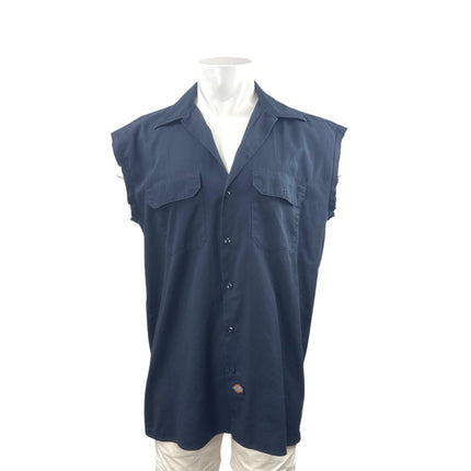 Dickies Men Navy Blue Workwear Pocket Cutoff Sleeve Button Down Shirt Top Size L