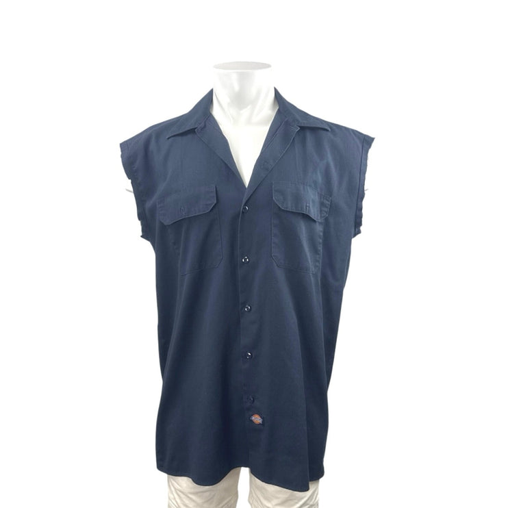 Dickies Men Navy Blue Workwear Pocket Cutoff Sleeve Button Down Shirt Top Size L