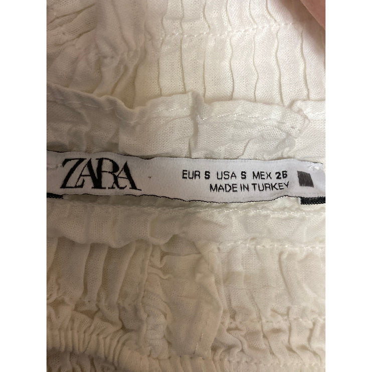 Zara Women's White Smocked Ruffle V Neck Half Sleeve Blouse Crop Top Size S