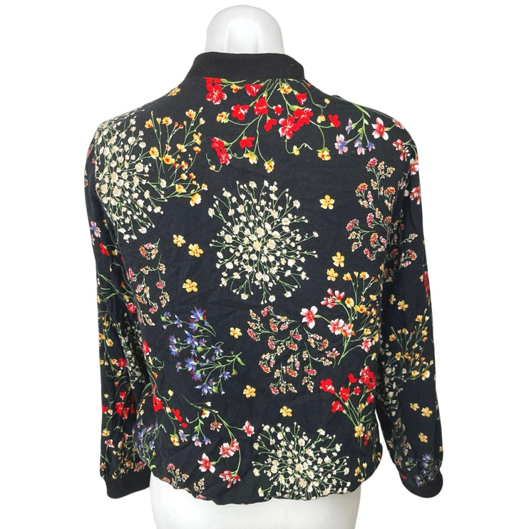 Cynthia Rowley Black Multicolor Floral Print Zip Up Bomber Coat Jacket Size S