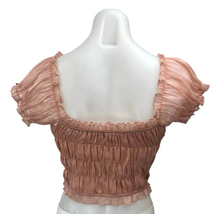Tiger Mist Pink Metallic Ruched Cinched Short Puff Sleeve Crop Blouse Top Size M