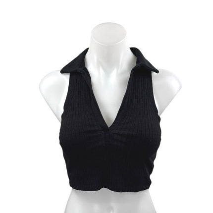 Zara Women's Black Sleeveless Rib Knit Collar V Neck Polo Tank Crop Top Size S