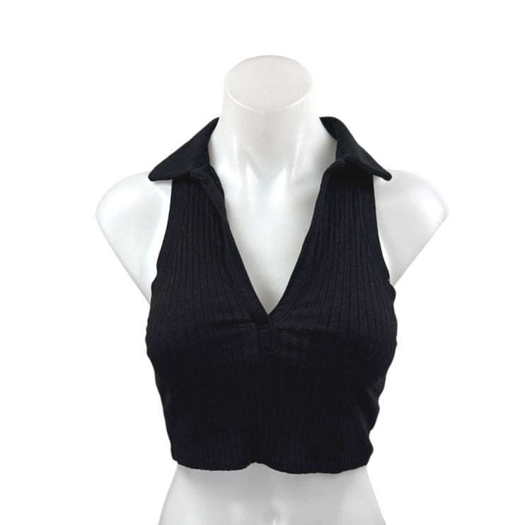Zara Women's Black Sleeveless Rib Knit Collar V Neck Polo Tank Crop Top Size S