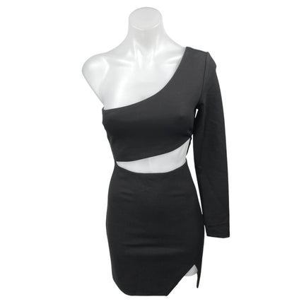 NEW Tiger Mist Nova Black One Shoulder Cutout Long Sleeve Mini Bodycon Dress XS