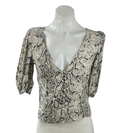 Reformation Eliana Snakeskin Animal Print V Neck 3/4 Sleeve Crop Blouse Top Sz S