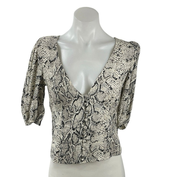 Reformation Eliana Snakeskin Animal Print V Neck 3/4 Sleeve Crop Blouse Top Sz S