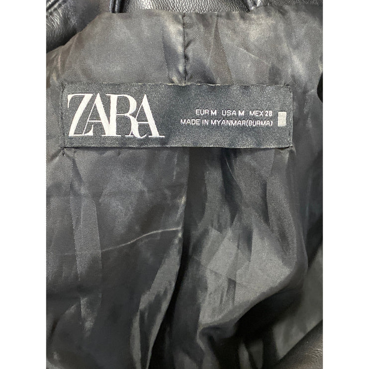 Zara Black Faux Vegan Leather Notch Collar Long Sleeve Moto Biker Coat Jacket M