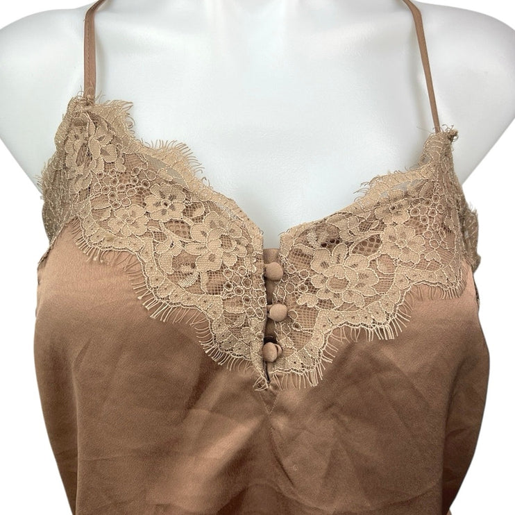 Abercrombie & Fitch Brown Tan Silk Satin Lace Cami Camisole Bodysuit Top Size S