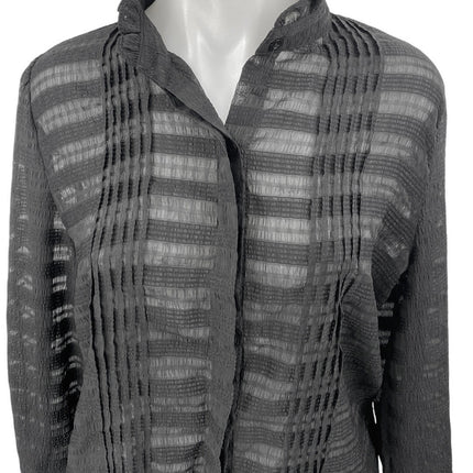 Beulah Black Long Sleeve Striped Mesh Sheer Pintucked Button Up Shirt Top OS