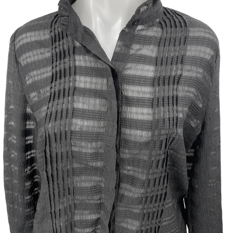 Beulah Black Long Sleeve Striped Mesh Sheer Pintucked Button Up Shirt Top OS