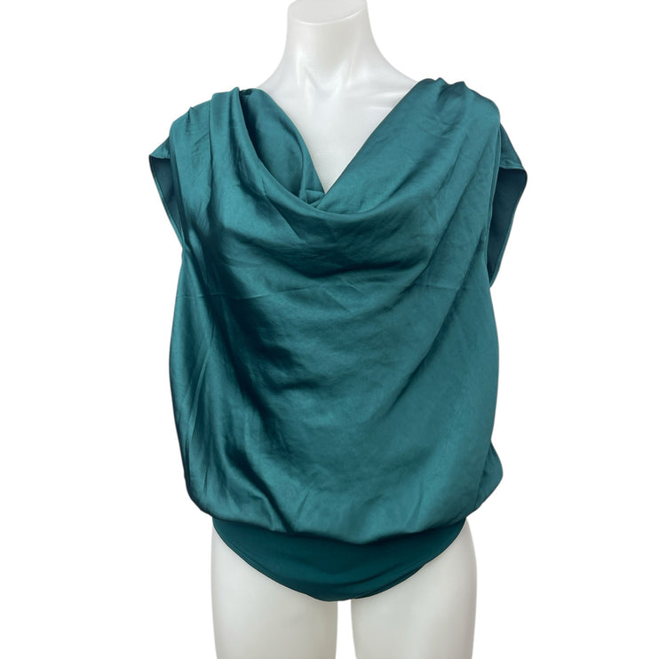 Express Womens Blue Teal Silk Satin Cowl Neck Short Sleeve Blouse Bodysuit Top M