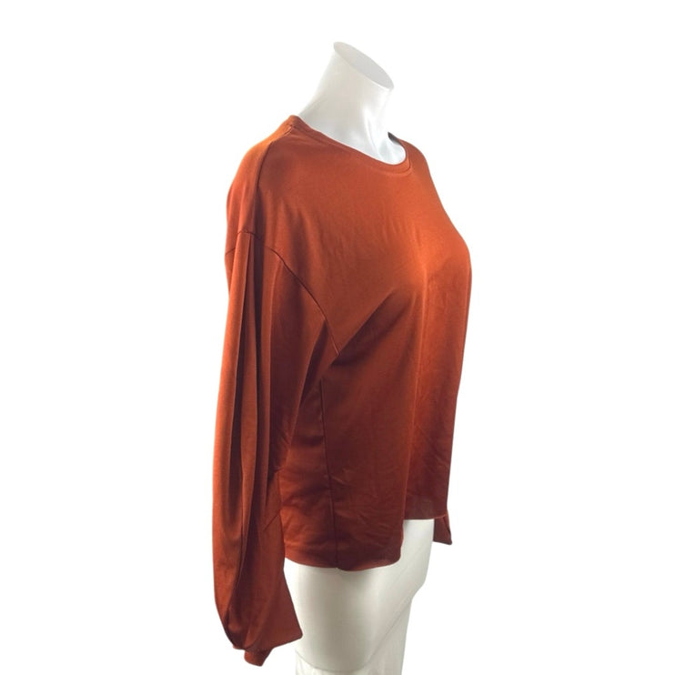 Zara Women's Orange Brown Ruched Long Sleeve Crew Neck Tee T-Shirt Blouse Top M