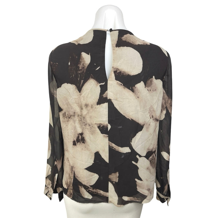 Reiss Shay Brown Multicolor Floral Plisse Pleated Long Sleeve Blouse Top Size 2