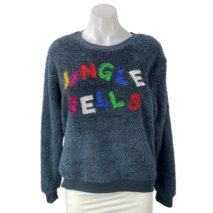 Weekending Gray Jingle Bells Christmas Long Sleeves Fuzzy Fleece Sweater Top M