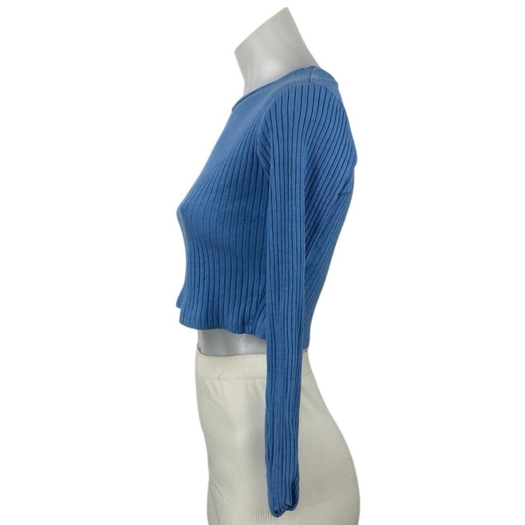 Zara Women's Blue Ribbed Knit Boat Neck Long Sleeve Crop Basic Tee T-Shirt Top S