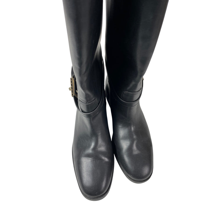 H&M Women's Black Strap Round Toe Low Block Heels Knee High Riding Boots 38 US 7
