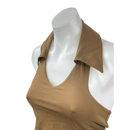 Marby Women's Tan Halter Collared V Neck Yoga Workout Athletic Crop Top Size M