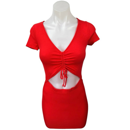 NEW Urban Renewal Red Short Sleeve Ruched Cutout Mini Bodycon Dress Size L