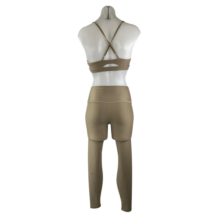 Alo Women's Beige Sports Bra Crop Top Athletic Leggings Pants 2 Piece Set Sz XS