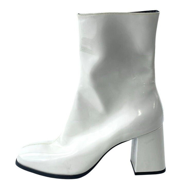 Reformation White Patent Leather Block Heel Square Toe Zip Up Mid Calf Boots 9