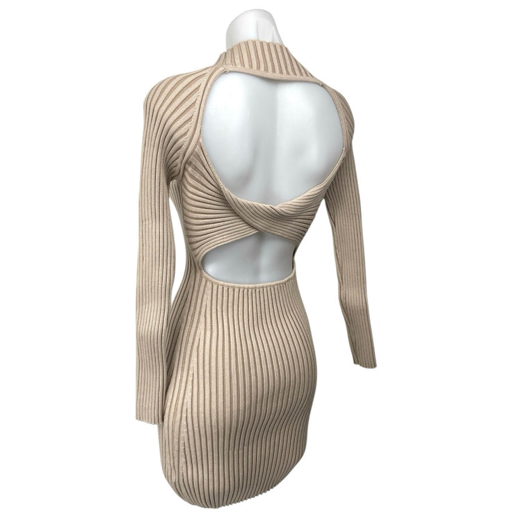 Lush Nude Pink Beige Ribbed Knit Long Sleeve Cut Out Mini Bodycon Dress Size M