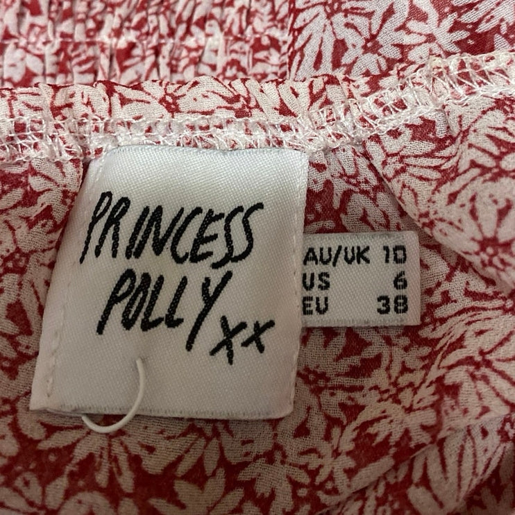 Princess Polly Carrillo Red Floral Long Puff Sleeve Ruffle Tiered Mini Dress 6