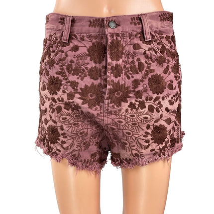 Free People Marissa Pink Floral Embroidered Cut Off Denim Jean Shorts Size 28