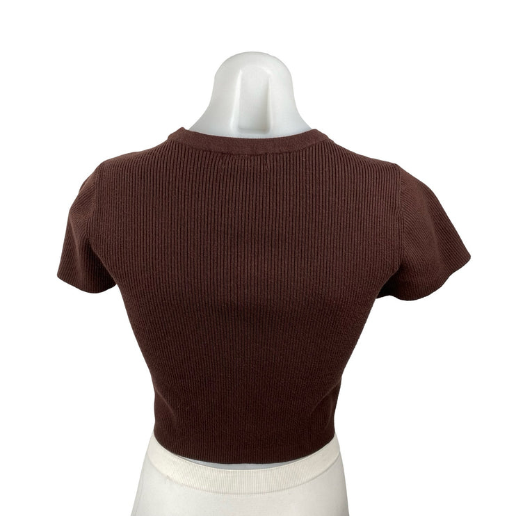 Nuuds Womens Brown Short Sleeve Crew Neck Ribbed Knit Sculpt Tee Crop Top Size S