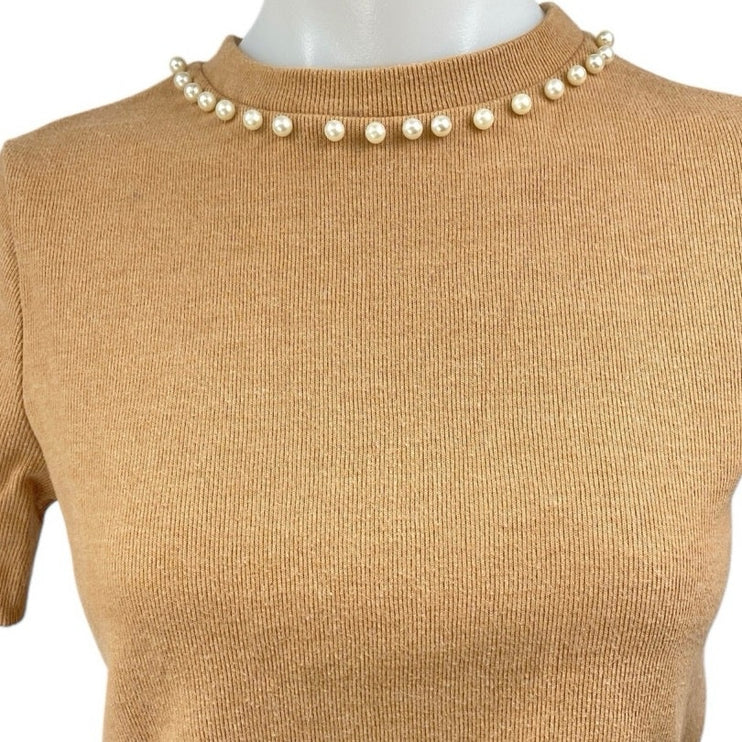 Zara Tan Short Sleeve Pearl Beaded Embellished Knit T Shirt Tee Top Size S