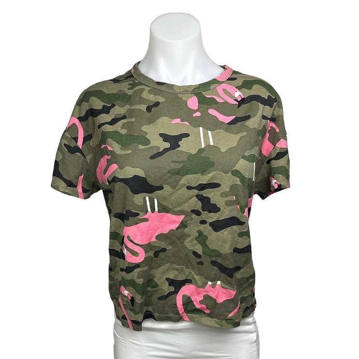 Zara Green Pink Cotton Camouflage Army Flamingo Short Sleeve T-Shirt Top Size S