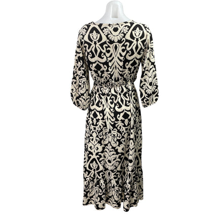 Zuiki Black White Tapestry Print 3/4 Sleeve V Neck Faux Wrap A Line Midi Dress S