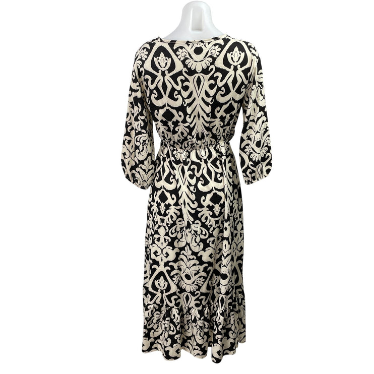 Zuiki Black White Tapestry Print 3/4 Sleeve V Neck Faux Wrap A Line Midi Dress S