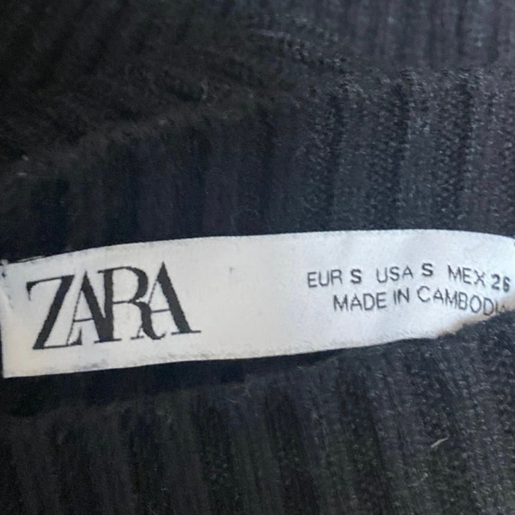 Zara Women's Black Rib Knit short Sleeve High Neck Stretch Cropped Sweater Top S