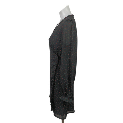 Mi Ami Black Floral Long Sleeve Ruffle V Neck A Line Tie Wrap Mini Dress Size S