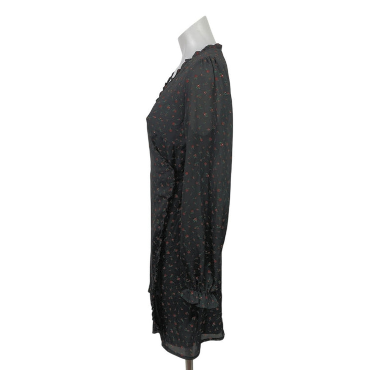 Mi Ami Black Floral Long Sleeve Ruffle V Neck A Line Tie Wrap Mini Dress Size S