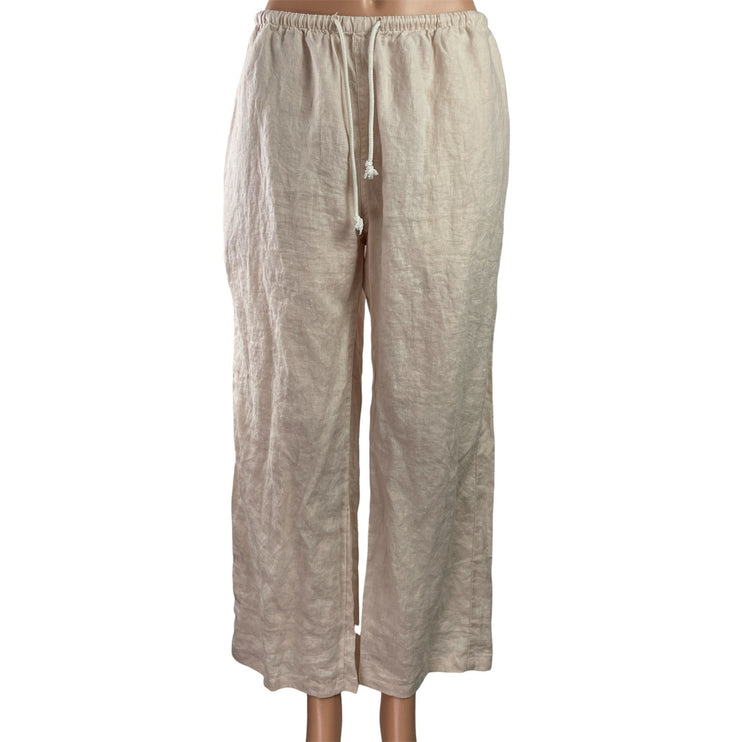 Brandy Melville 100% Linen Womens Beige Dawstring Wide Leg Trousers Pants Sz S