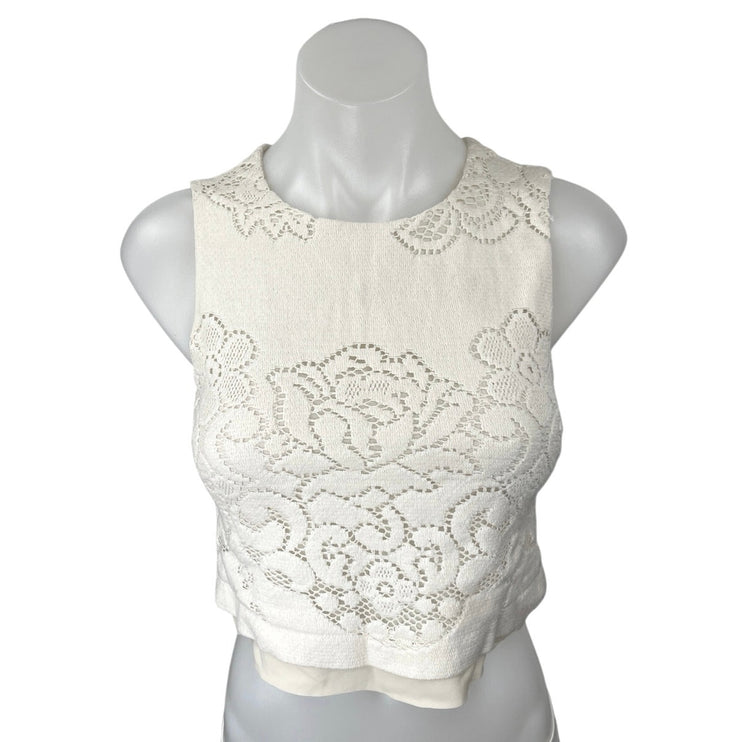 A.L.C Women's White Lace Floral Sleeveless Crew Neck Zipper Crop Tank Top XS