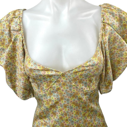 Zara Yellow Floral Silk Satin Short Puff Sleeve Bustier Mini Bodycon Dress Sz M